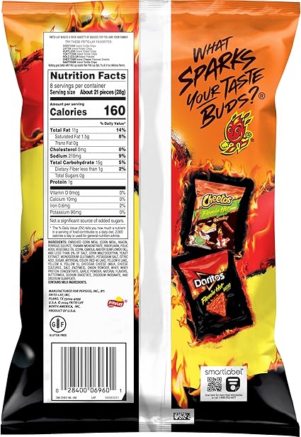 Back of Cheetos Crunchy Flamin’ Hot 8oz bag with nutritional info, barcode, and product details