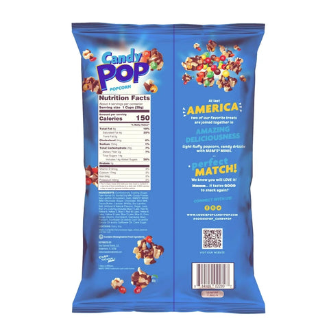 Back of Candy Pop M&M's Minis Popcorn bag displaying product information, barcode, and company details