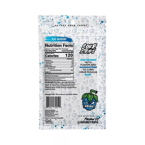 Sour Strips Blue Raspberry Candy 3.4oz Rear/Back View