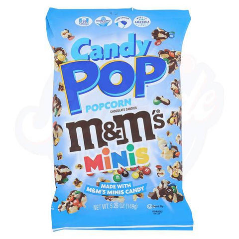 Front of Candy Pop M&M's Minis Popcorn 5.25oz bag showing colourful packaging with popcorn coated in M&M's pieces and branding
