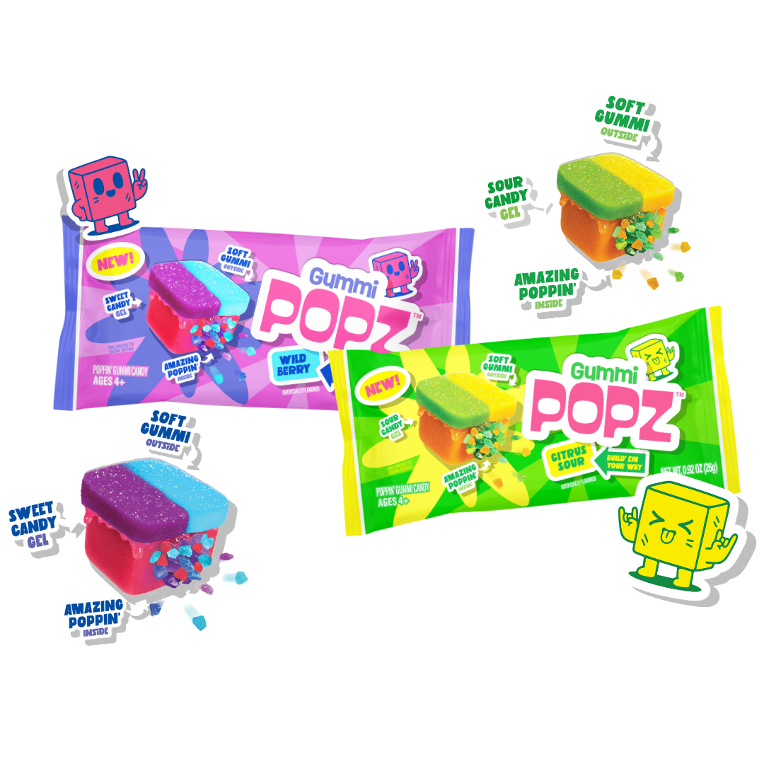 Gummi Popz Wild Berry and Citrus Sour packs with gummy candy and character artwork