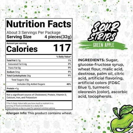Sour Strips Green Apple 3.4oz/96g - Pack of 12