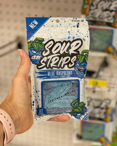 Sour Strips Blue Raspberry Candy 3.4oz/96g - Pack of 12 - Stateside Distribution