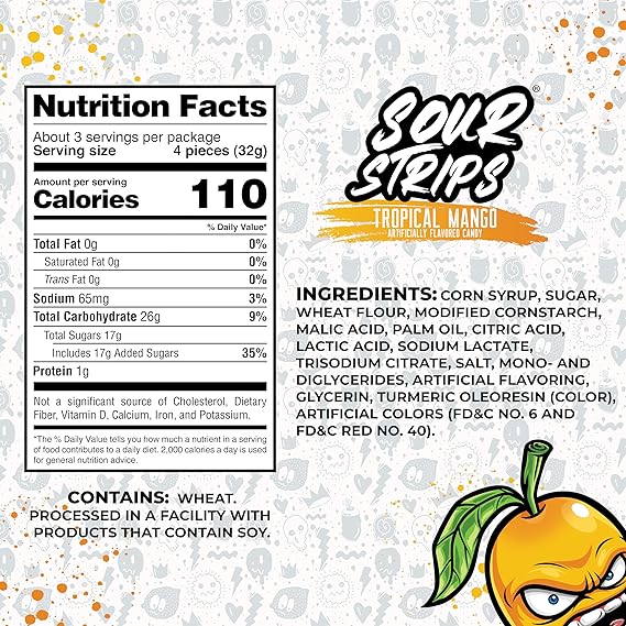 Sour Strips Tropical Mango 3.4oz/96g - Pack of 12 - Stateside Distribution