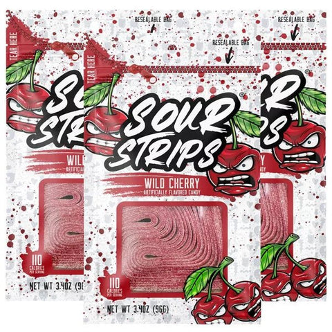 Sour Strips Wild Cherry 3.4oz/96g – Pack of 12 - Stateside Distribution