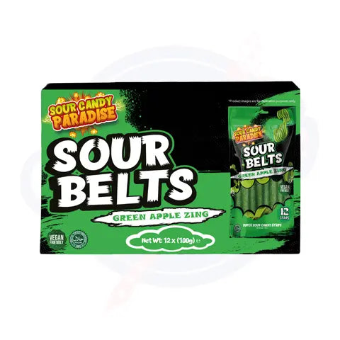 Candy Paradise Sour Belts Green Apple 100g - Pack of 12