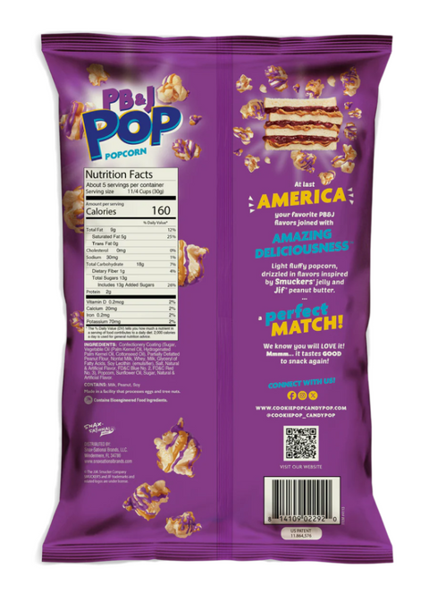 Back of Candy Pop Peanut Butter & Grape Popcorn bag showing barcode, product information, and branding