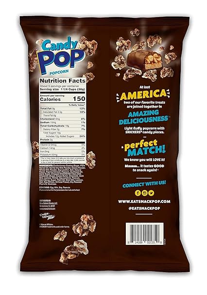 Back of Candy Pop Snickers Popcorn bag featuring barcode, storage instructions, and product information