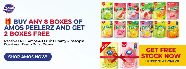 Promotional banner for Amos Peelerz gummy candy boxes with a buy 8 get 2 free offer.