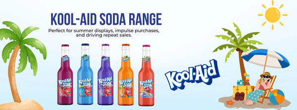 Kool-Aid Soda Range promotional graphic showing five bottled sodas in different colors (purple, blue, green, orange, red) with palm trees, a beach umbrella, and a sun on a light blue background.