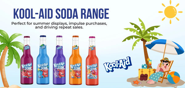 Promotional graphic for the Kool-Aid Soda Range showing five bottled sodas in different colors on a light blue background, with palm trees, a beach umbrella, a sun, and a person lounging on a beach chair.