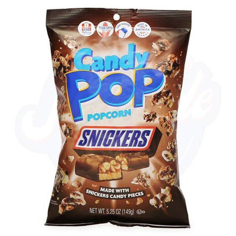 Front of Candy Pop Snickers Popcorn 5.25oz bag showing chocolate-drizzled popcorn with Snickers branding