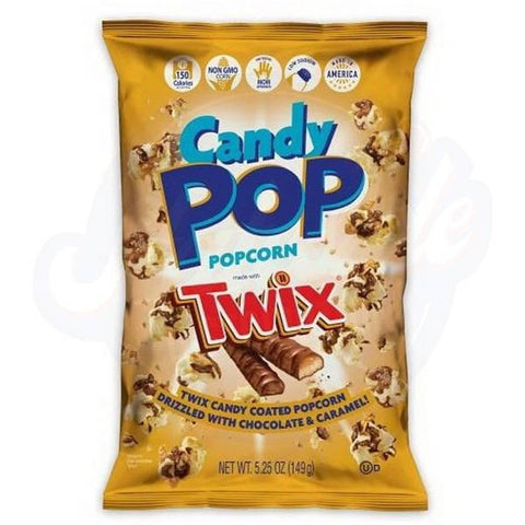 Front of Candy Pop Twix Popcorn 5.25oz bag showing caramel and chocolate-coated popcorn with Twix branding on golden packaging