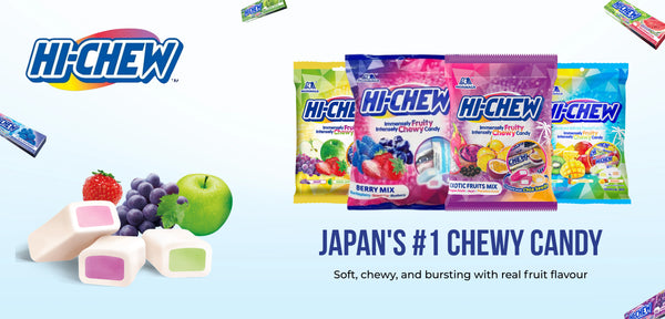 Hi-Chew candy packages and chewy candies on a light blue background with the brand logo.