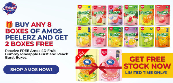 Promotional banner for Amos Peelerz gummy fruit boxes with free offer details.