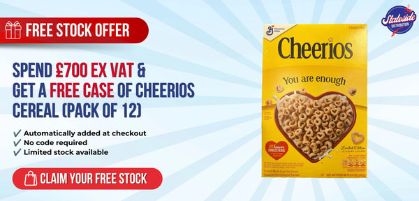 Promotional banner for Cheerios cereal with a free stock offer on a blue and white background.