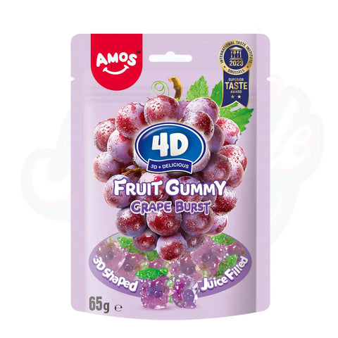 Amos 4D Fruit Gummy Grape Burst Peg Bag 65g - Pack of 12 - Stateside Distribution