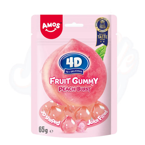 Amos 4D Fruit Gummy Peach Burst Peg Bag 65g - Pack of 12 - Stateside Distribution