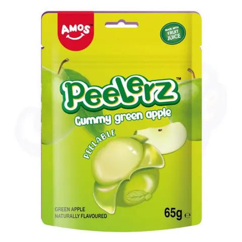 Amos Peelerz Gummy Green Apple Peg Bag 65g - Pack of 12 - Stateside Distribution