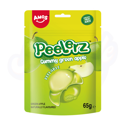 Amos Peelerz Gummy Green Apple Peg Bag 65g - Pack of 12 - Stateside Distribution