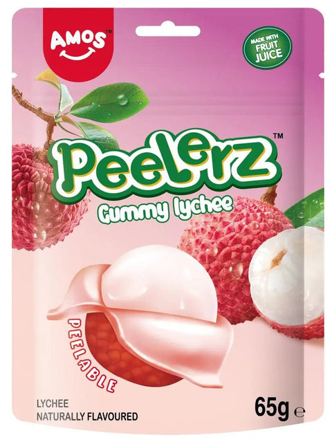 Amos Peelerz Gummy Lychee Peg Bag 65g - Pack of 12 - Stateside Distribution
