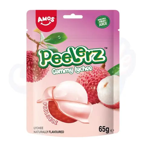 Amos Peelerz Gummy Lychee Peg Bag 65g - Pack of 12 - Stateside Distribution
