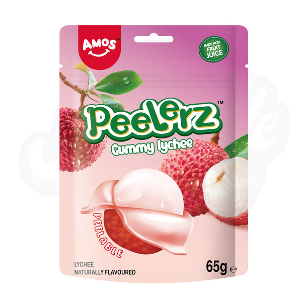 Amos Peelerz Gummy Lychee Peg Bag 65g - Pack of 12 - Stateside Distribution