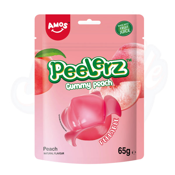 Amos Peelerz Gummy Peach Peg Bag 65g - Pack of 12 - Stateside Distribution