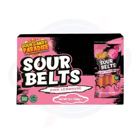 Candy Paradise Sour Belts Pink Lemonade 100g - Pack of 12 - Stateside Distribution