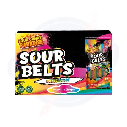 Candy Paradise Sour Belts Rainbow 100g - Pack of 12 - Stateside Distribution