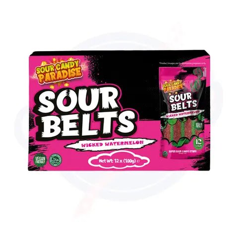 Candy Paradise Sour Belts Wicked Watermelon 100g - Pack of 12 - Stateside Distribution