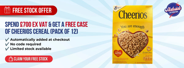 Advertisement for Cheerios cereal with a free stock offer on a blue background