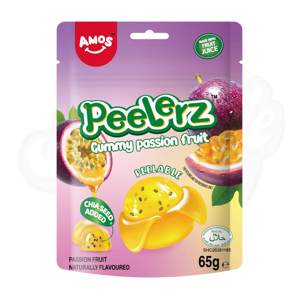 (Halal) Amos Peelerz Gummy Passion Fruit Peg Bag 65g - Pack of 12 - Stateside Distribution