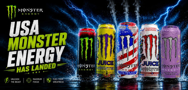 A promotional graphic for Monster Energy drink cans on a dark, lightning-lit background. Large text reads 'USA MONSTER ENERGY HAS LANDED' with the Monster logo at top left.