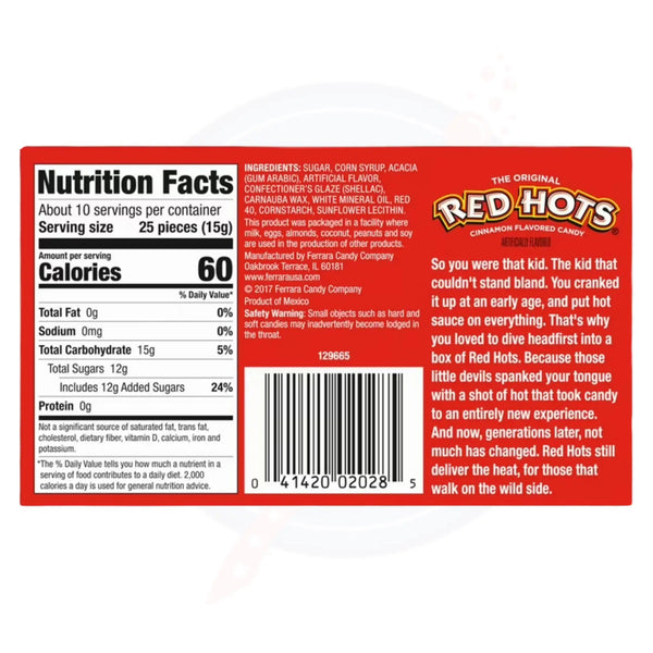 Red Hots Original Cinnamon Candy Theatre Box 5.5oz/156g - Pack of 12 - Stateside Distribution