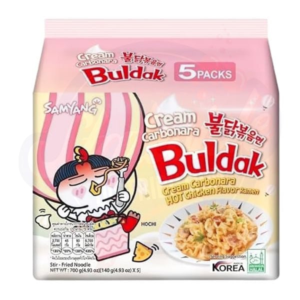 Samyang Buldak Cream Carbonara Hot Chicken Ramen 4.93oz/140g - Pack of 5 x 8 - Stateside Distribution