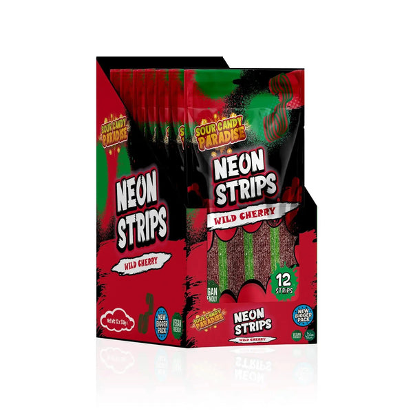 Sour Candy Paradise Neon Strips Wild Cherry 130g - Pack of 12 - Stateside Distribution