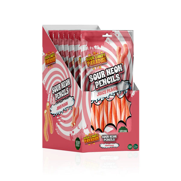 Sour Candy Paradise Sour Neon Pencils Juicy Peach 130g - Pack of 12 - Stateside Distribution