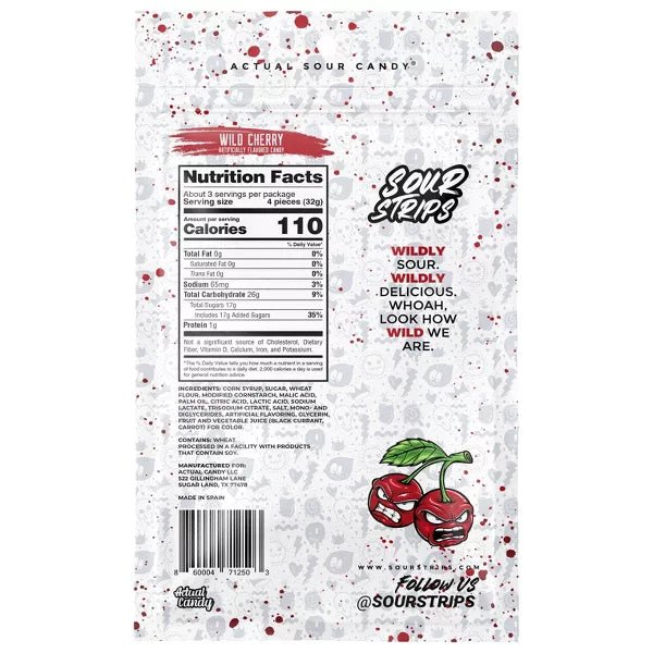 Sour Strips Wild Cherry 3.4oz/96g – Pack of 12 - Stateside Distribution