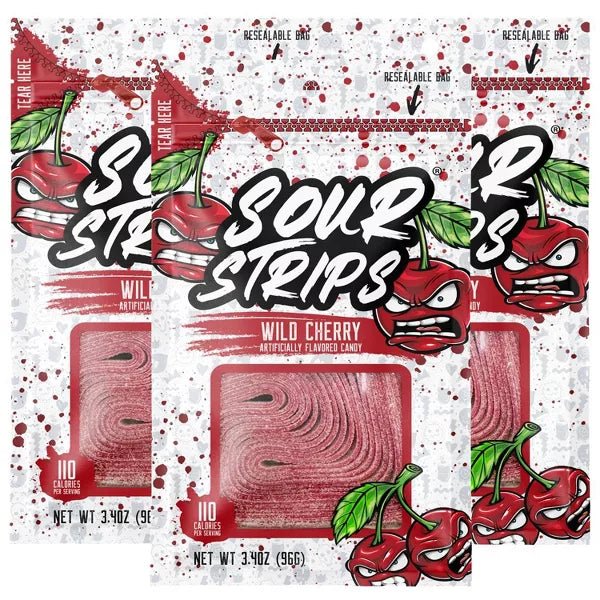 Sour Strips Wild Cherry 3.4oz/96g – Pack of 12 - Stateside Distribution